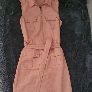 Sharagano Peach Mini Dress with Gold Accents